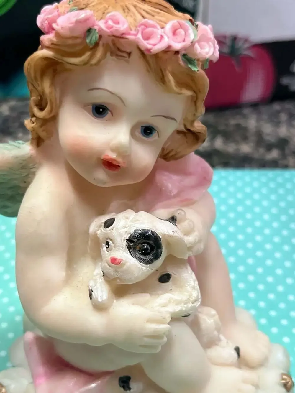 Ceramic Angel Cherub Figurine with Dalmatian Puppy and Rose Crown
